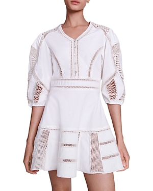 Shop Maje Riany Cotton Embroidered Dress In Ecru