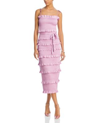 V. Chapman Lily Smocked Floral Print Ruffle Trim Midi Dress