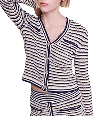 Shop Maje Striped Knit Cardigan Sweater In Navy/gold