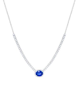 Meira T - 14K White Gold Blue Sapphire & Diamond Halo Oval Pendant Necklace, 18"