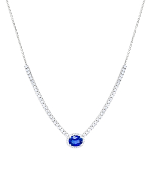 14K White Gold Blue Sapphire & Diamond Halo Oval Pendant Necklace, 18