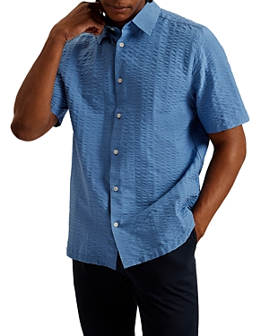 Shop Ted Baker Seersucker Short Sleeve Button Front Shirt In Blue