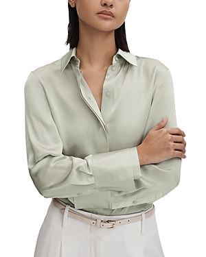 Shop Reiss Irina Silk Button Up Shirt In Green