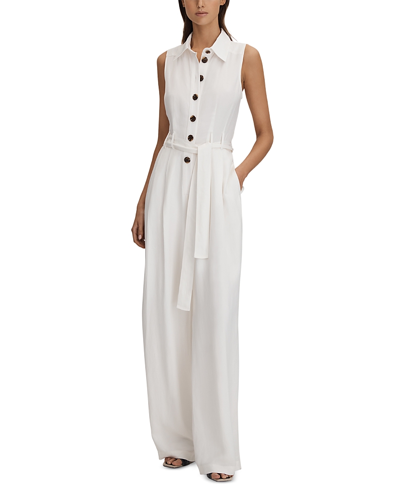 Reiss White Petite Belted Wide Leg Jumpsuit In White