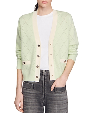 Shop Sandro Pointelle Knit Snap Front Cardigan In Almond
