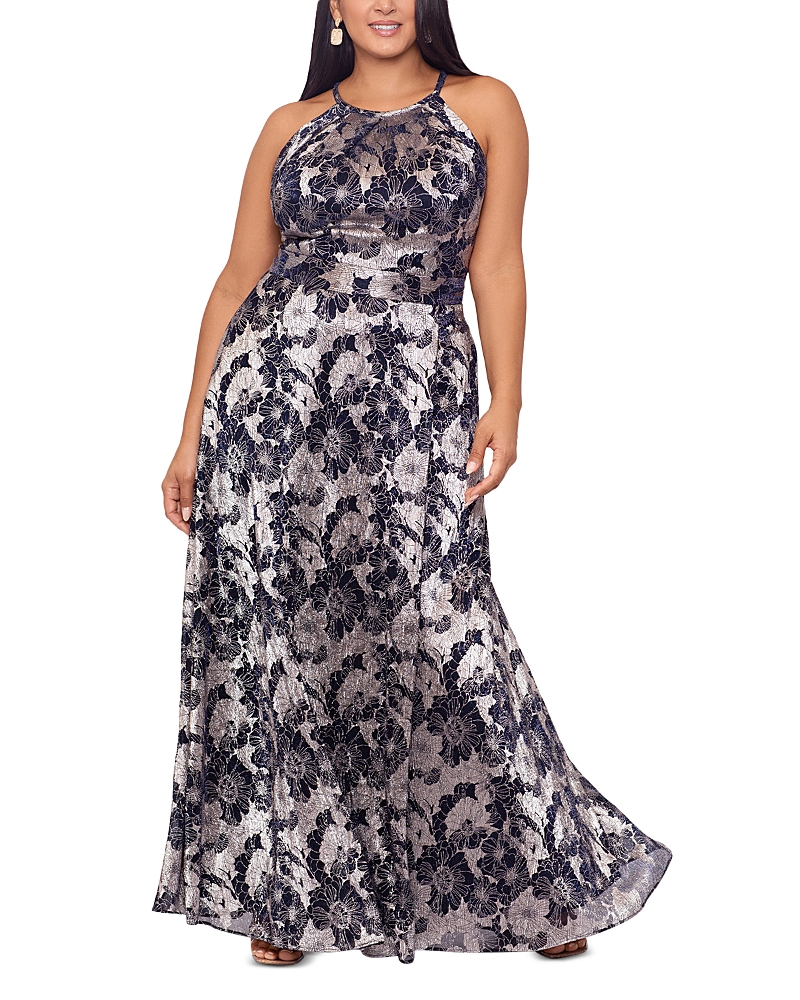 Betsy & Adam Plus Size Floral Foil Print Halter-neck Gown In Navy/ Gunmetal
