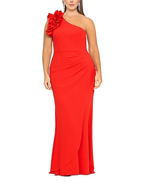 Xscape Plus Size Ruffled One-shoulder Scuba Crepe Gown In Red