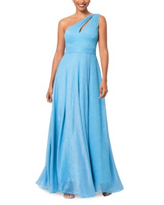 Aqua One Shoulder Crinkled Metallic Gown - Exclusive