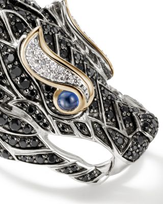 14K Yellow Gold & Silver Naga Diamond, Black Sapphire, Blue Sapphire, & Black Spinel Dragon Ring