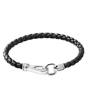 Men's Silver Woven Leather Hook Clasp Bracelet