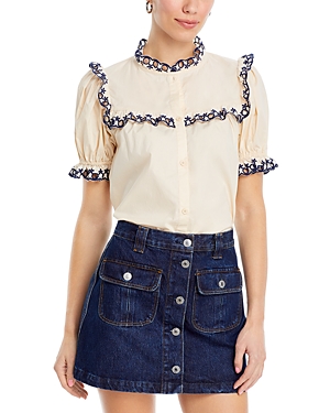 Stellah Cotton Eyelet Trim Blouse In Butter