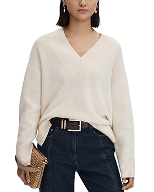 Reiss Ivory Seren Oversized Wool Cashmere V-neck Jumper In Ivory