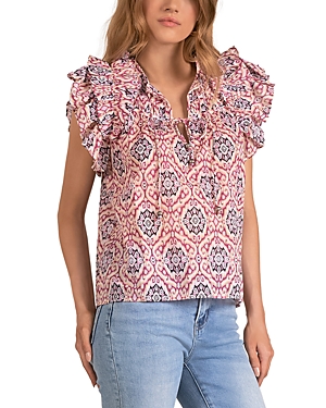 Printed Tie Front Ruffle Cotton Top