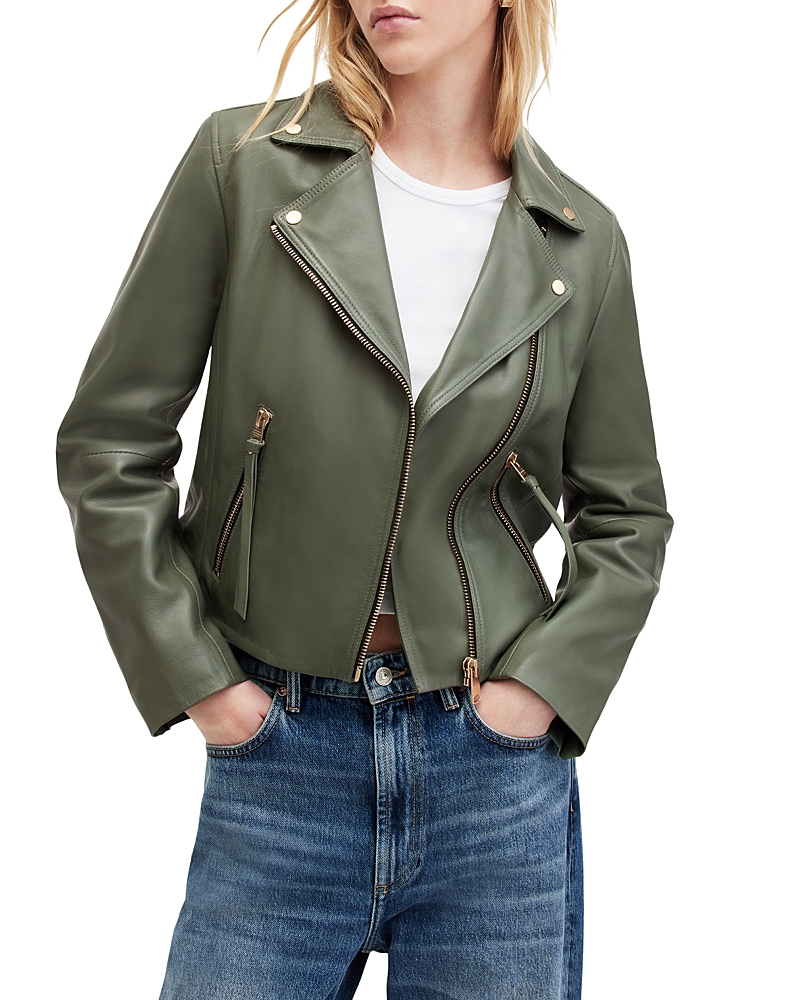 Allsaints Dalby Slim Fit Leather Biker Jacket In Deep Sage