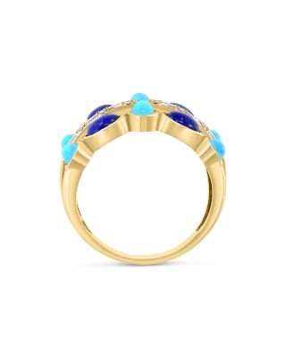 Lapis, Turquoise & Diamond Double Row Ring in 14K Yellow Gold