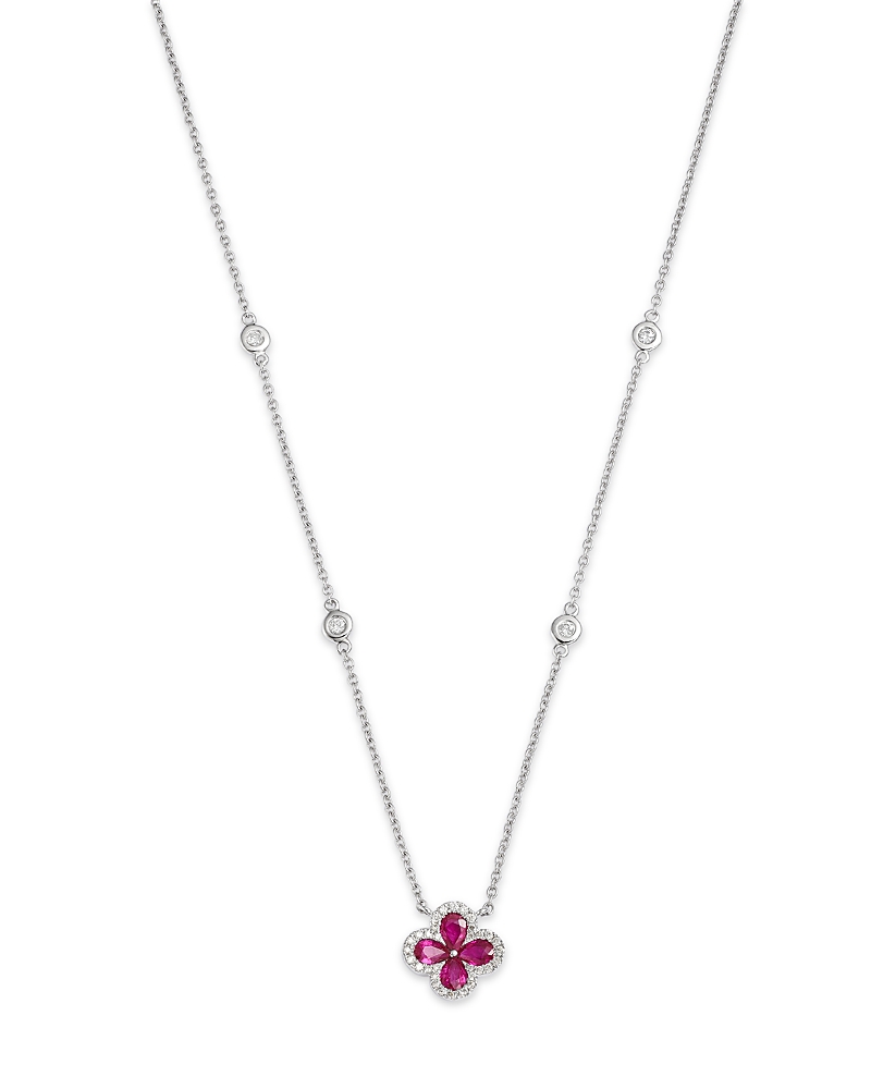Bloomingdale's Ruby & Diamond Clover Pendant Necklace In 14k White Gold 0.21 Ct. T. W. In Pink/white
