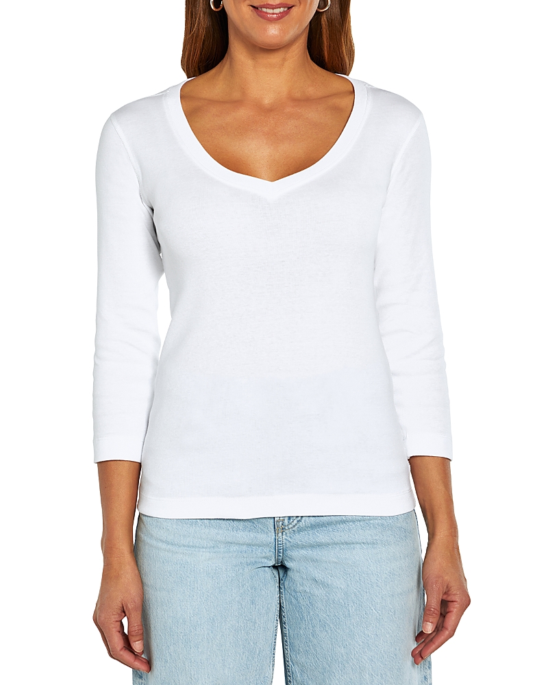 Three Dots Cotton V Neck Three Quarter Sleeve Tee