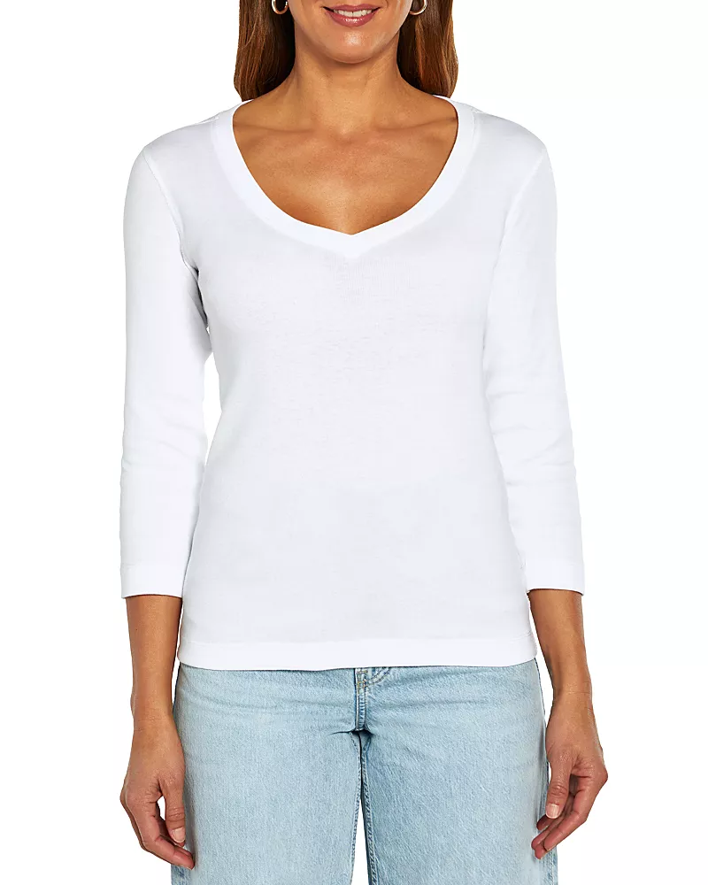 Three Dots Cotton V Neck Three Quarter Sleeve Tee