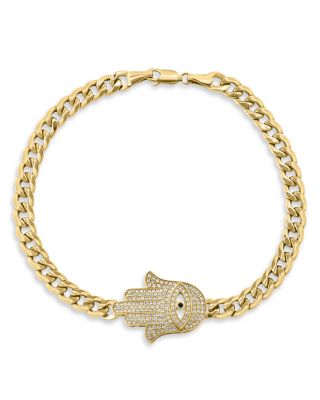 Bloomingdale's Fine Collection - Men's Black & White Diamond Hamsa Hand Curb Link Chain Bracelet in 14K Yellow Gold, 0.56 tcw