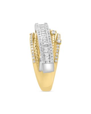 Diamond Round &amp; Baguette Crossover Ring in 14K White &amp; Yellow Gold, 0.90 tcw