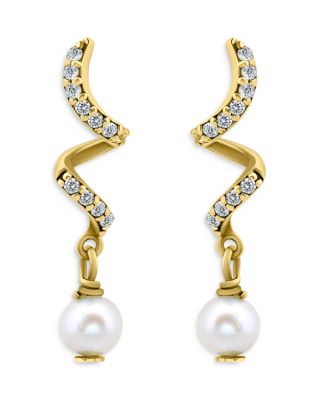Aqua Pave & Cultured Freshwater Pearl Swirl Linear Drop Earrings in 18K Gold Plated Sterling Silver - Exclusive