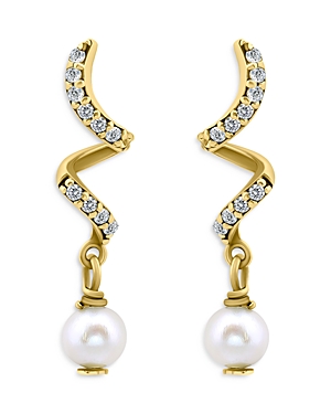 Aqua Pave & Cultured Freshwater Pearl Swirl Linear Drop Earrings in 18K Gold Plated Sterling Silver 