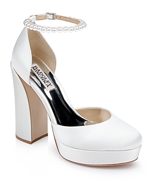 Shop Badgley Mischka Women's Felixa Almond Toe Adorned Strap High Heel Pumps In White Satin