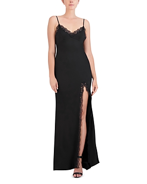 Shop Bcbgmaxazria Lace Trim Low Back Evening Gown In Black
