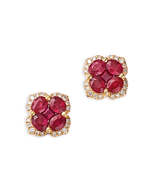Ruby & Diamond Flower Halo Stud Earrings in 14K Yellow Gold
