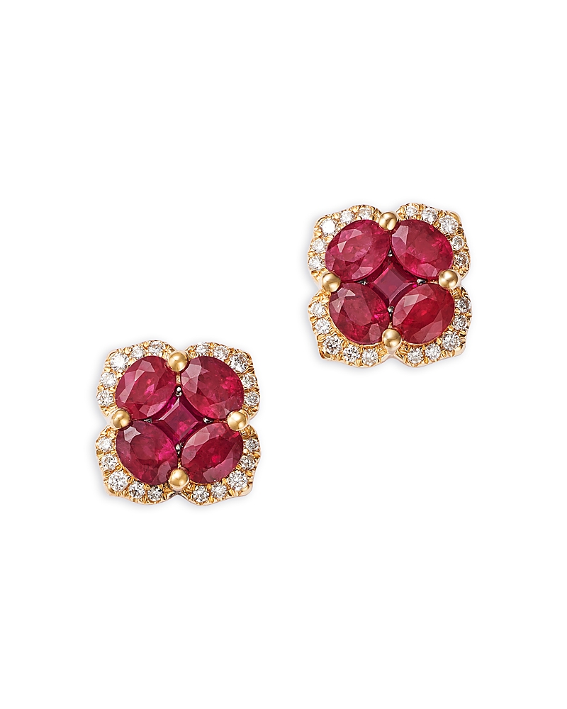 Bloomingdale's Fine Collection Ruby & Diamond Flower Halo Stud Earrings in 14K Yellow Gold