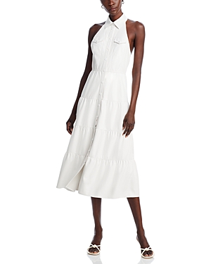 Shop Alice And Olivia Miranda Faux Leather Halter Midi Dress In Off White