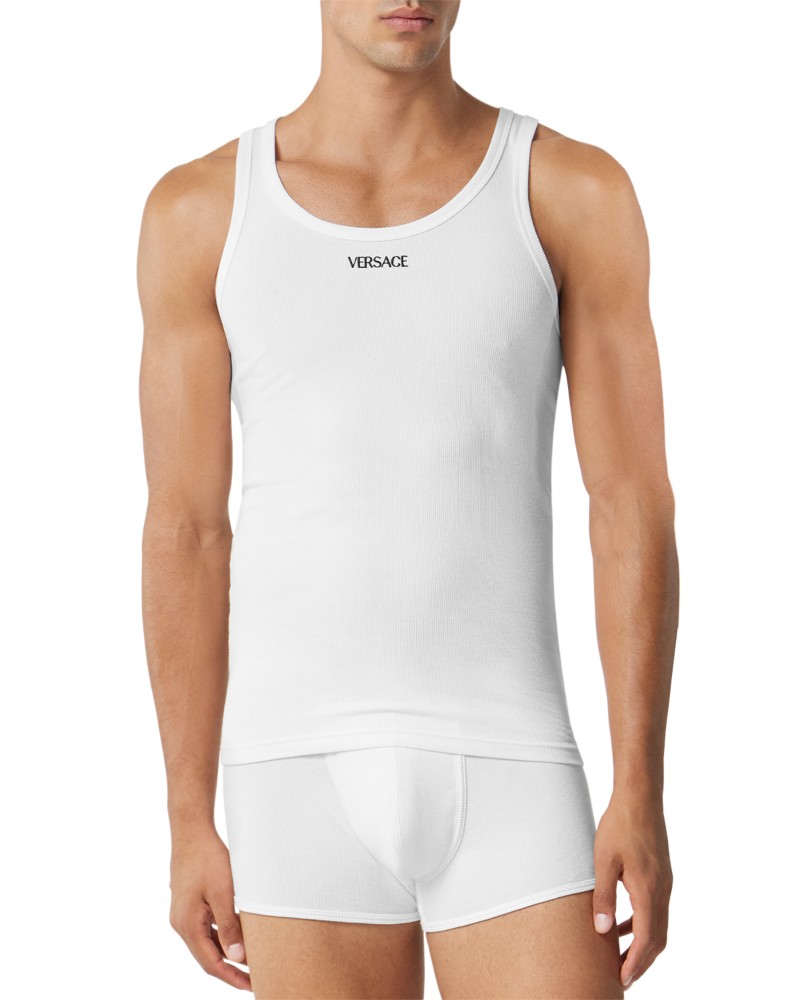 Versace Cotton Blend Ribbed Logo Embroidered Tank in Optical White