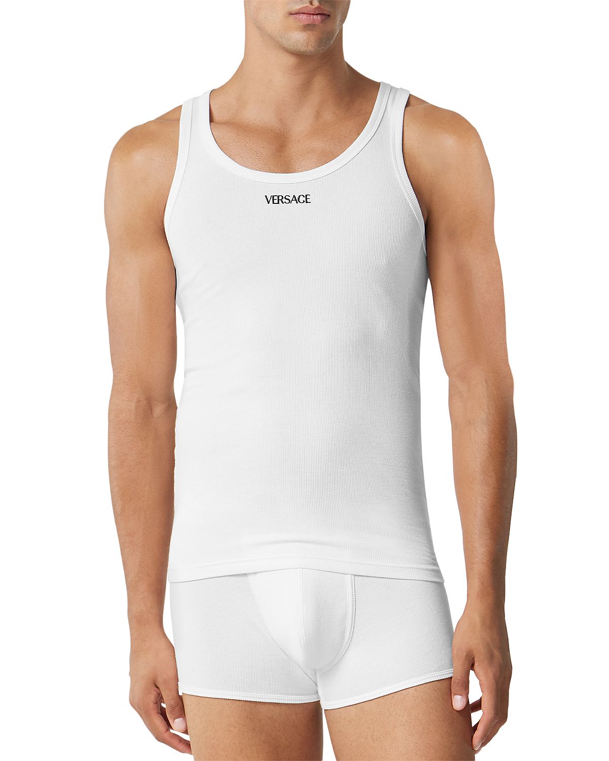 Versace Cotton Blend Ribbed Logo Embroidered Tank