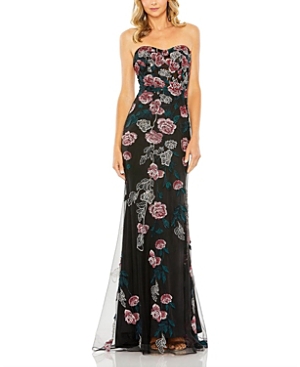 Shop Mac Duggal Strapless Floral Embroidered Gown In Black Multi