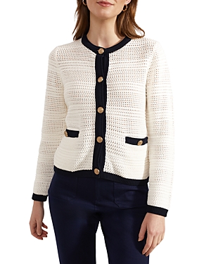 Shop Hobbs London Nola Knitted Cotton Jacket In Ivory Navy