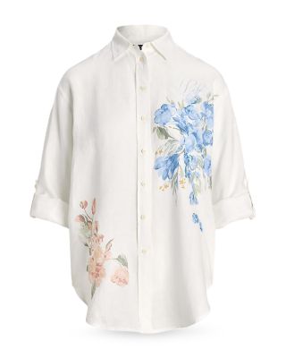 65245　LAUREN RALPH LAUREN　リネン100%　胸ロゴ刺繍 Ralph Lauren Oversize Floral Eyelet Logo Linen Shirt
