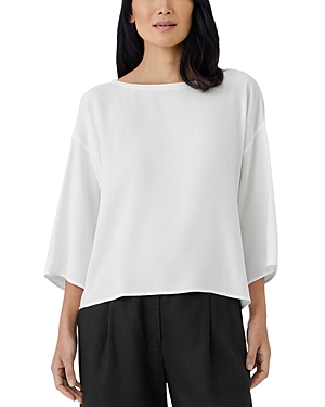 Eileen Fisher Boat Neck Silk Boxy Top In Ivory