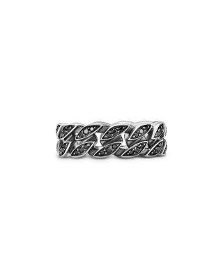 Men's Curb Chain Band Ring in Sterling Silver with Black Diamonds, 8mm