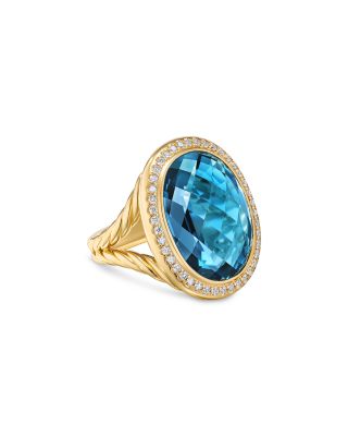 David Yurman Albion Oval Ring in 18K Yellow Gold with Hampton Blue Topaz and Diamonds, 21mm
