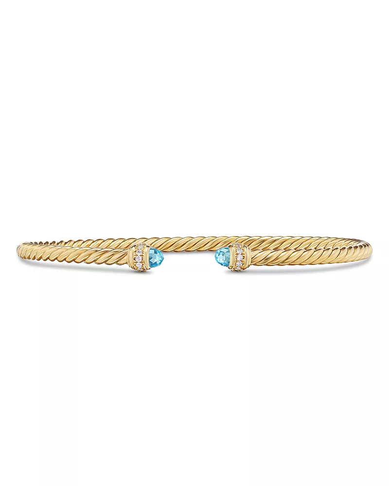David Yurman 18K Yellow Gold Classic Cablespira Pave Diamond & Blue Topaz Bracelet