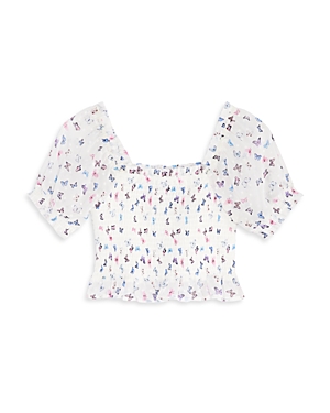 Shop Aqua Girls' Butterfly Clip Dot Smocked Puff Sleeve Top, Little Kid, Big Kid - 100% Exclusive In White Multi