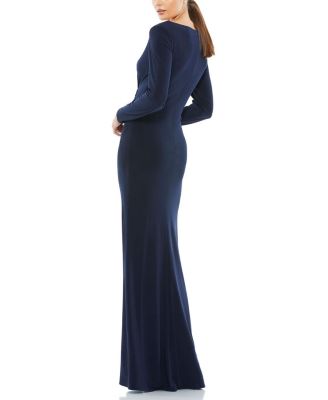 Long Sleeve Ruched Jersey V-Neck Gown