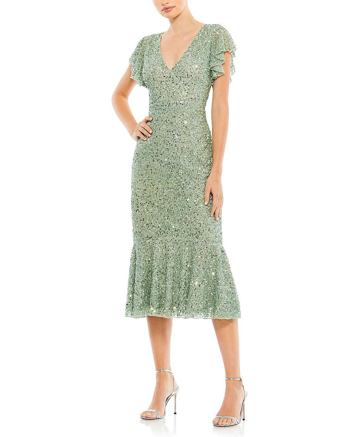 Mac Duggal Sequined V Neck Flutter Cap Sleeve Trumpet Dress