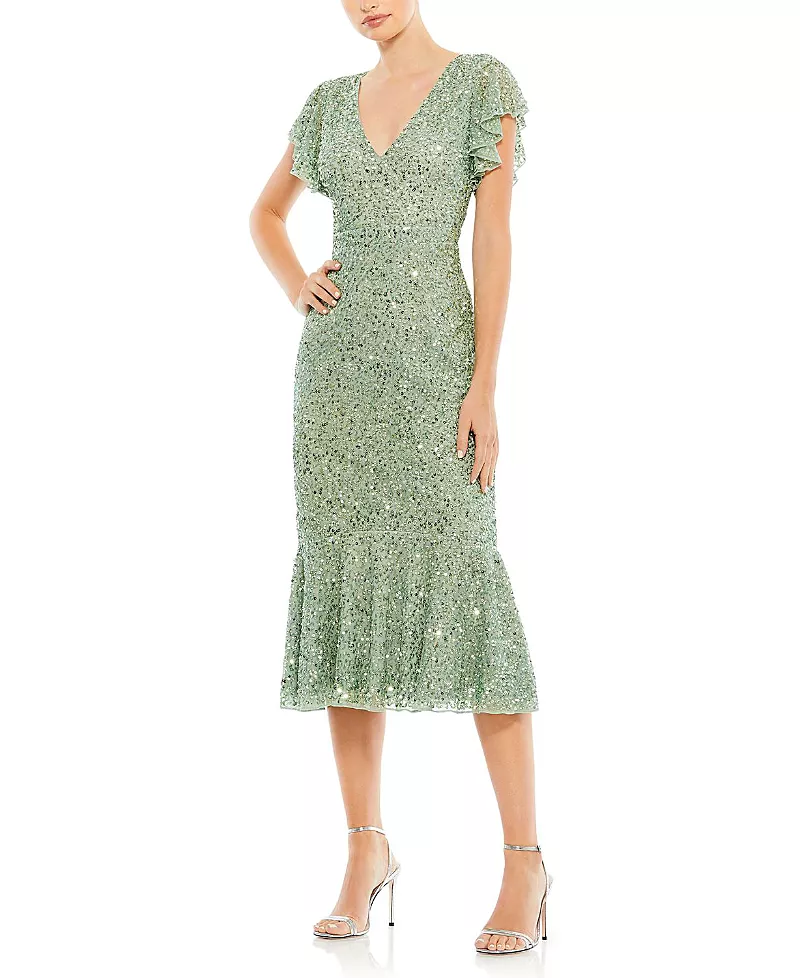 Mac Duggal Sequined V Neck Flutter Cap Sleeve Trumpet Dress