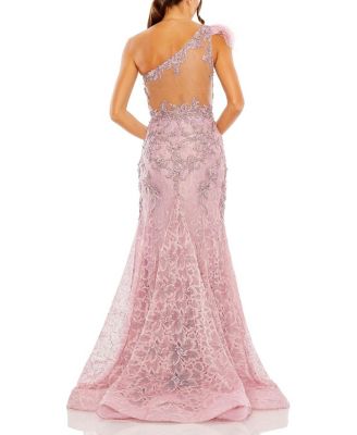 Embroidered Applique Feathered One Shoulder Gown