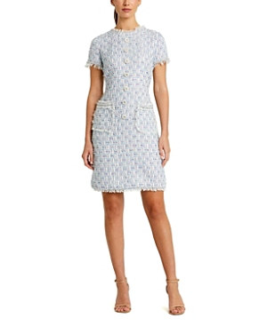 Mac Duggal Crystal Floral Button Detail Tweed Minidress In Blue Multi