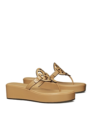 Tory Burch Miller Leather Logo Wedge Thong Sandals In Ginger Shortbread