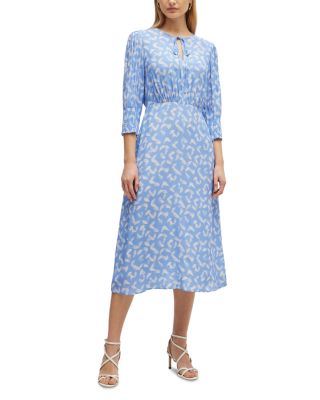 Feather Print Smocked Cuff Tea Dress