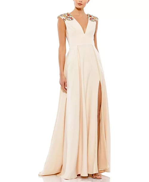 beaded cap sleeve v neck a line gown