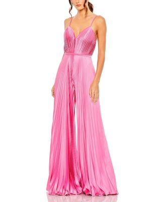 Pleated Plunge Neck Wide Leg Jumpsuit